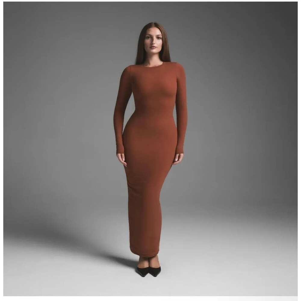 Skims Saffron Fits Everybody Crew Neck Long Sleeve Fitted Stretch Maxi Dress 2X